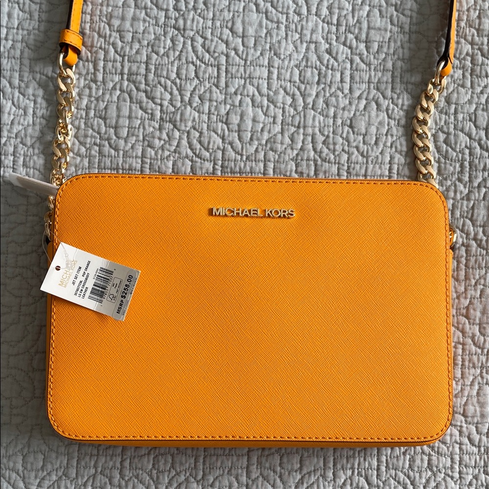 Michael Kors Structured Leather  Bag Crossbody Pop Orange Gold Chain Lg Jet Set - Picture 3 of 13